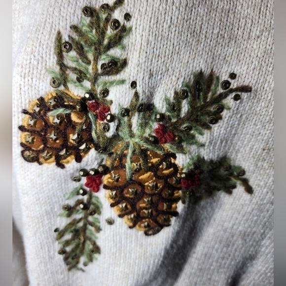 Orvis Women's‎ Wool Blend Beige Embroidered Pine Cone Crew Neck Sweater Medium - Picture 11 of 13